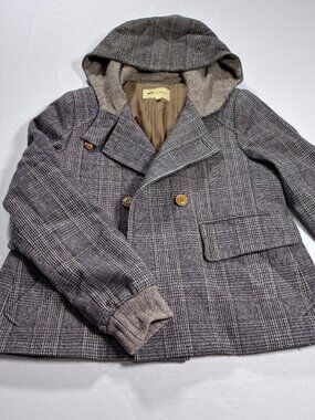 Vanessa Bruno Coat Hip Length Hooded Button Jacket Wool Blend Plaid